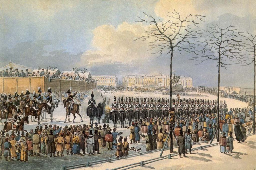 Восстание 14 декабря 1825 года на Сенатской площади. Рисунок Карла Кольмана. 1830-е годы
